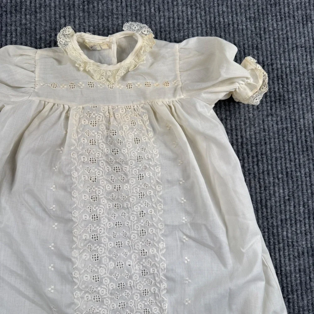 Vintage Off White Eyelet Lace Christening Gown Baptism‎ Dress Infant Baby  965